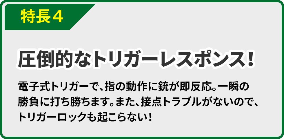特長４ 圧倒的なトリガーレスポンス！電子式トリガーで、指の動作に銃が即反応。一瞬の勝負に打ち勝ちます。また、接点トラブルがないので、トリガーロックも起こらない！
